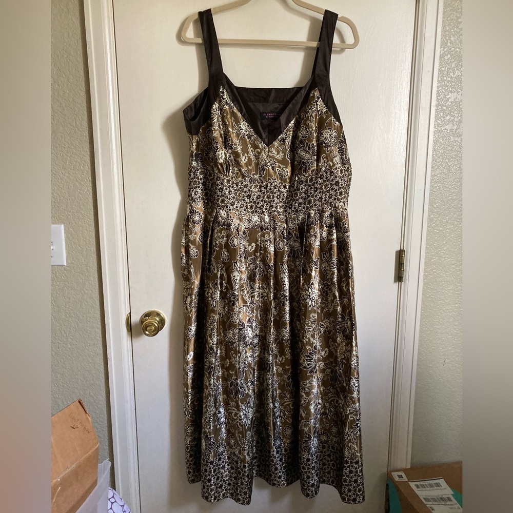 •Signature Robbie Bee Satin Brown Paisley Sequin Sleeveless Midi Dress #LW